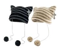 MLPKOI Gatto nel Cappello A Strisce Crochet, Berretto con Orecchie di Gatto, Berretto in Jersey Leggero, Elasticizzato, Autunno Inverno Maglia Polsino Beanie, Cappello Inverno Caldo Lavorato A Maglia
