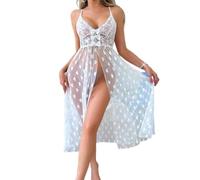 MLSHWUG Abito da Donna in Pizzo Floreale Lingerie Sexy Senza Maniche con Scollo A V Fiocco Vedere Attraverso La Camicia da Notte,Bianca,L