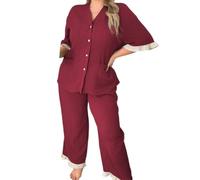 MLSHWUG Pigiama Casual da Donna in 2 Pezzi con Cardigan A Bottoni E Scollo A V E Pantaloni A Gamba Larga con Volant,Rosso,3XL