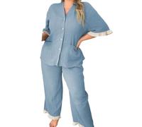 MLSHWUG Pigiama Casual da Donna in 2 Pezzi con Cardigan A Bottoni E Scollo A V E Pantaloni A Gamba Larga con Volant,Blu,3XL