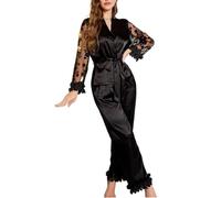 MLSHWUG Pizzo Floreale da Donna Vedere Attraverso La Parte Superiore in Raso A Maniche Lunghe E Pantaloni Lunghi Set Pigiama da 2 Pezzi,Nero,XL