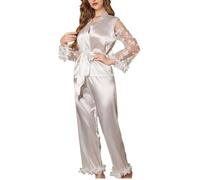 MLSHWUG Pizzo Floreale da Donna Vedere Attraverso La Parte Superiore in Raso A Maniche Lunghe E Pantaloni Lunghi Set Pigiama da 2 Pezzi,Bianca,S