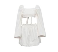 MLSHWUG Top Corto Da Donna Con Maniche A Lanterna Arricciate Con Fiocco Sul Retro, Gonna Corta A Pieghe A Vita Alta, 2 Pezzi,Bianca,S