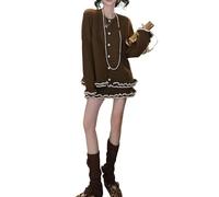 MLSHWUG Top Da Donna Con Bottoni E Orlo Arricciato, Gonna Corta A Vita Alta, Completo Casual in Maglia A 2 Pezzi,Marrone,One Size