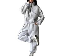 MLSHWUG Top Donna Con Collo Mezza Cerniera Allentato Pantaloni Felpa Patchwork Con Tasche Set 2 Pezzi,Grigio,XL