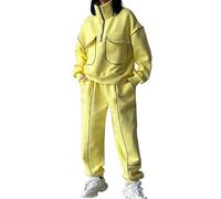 MLSHWUG Top Donna Con Collo Mezza Cerniera Allentato Pantaloni Felpa Patchwork Con Tasche Set 2 Pezzi,Giallo,XL