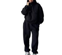 MLSHWUG Top Donna Con Collo Mezza Cerniera Allentato Pantaloni Felpa Patchwork Con Tasche Set 2 Pezzi,Nero,L