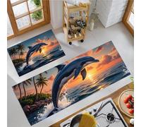 MLSOWM Set di 2 Tappeti da Cucina, 50x80cm+50x150cm Tappetini da Cucina Isole Tropicali Tappeto Salto Del Delfino Antiscivolo e Assorbenti d'Acqua per Ingresso e Domestica Ufficio, Blu