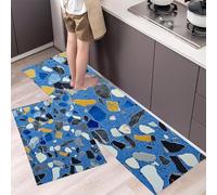 MLSOWM Set di 2 Tappeti da Cucina Antifatica, 50x80cm+50x150cm Tappetini da Cucina Terrazzo Tappeto Piccoli Frammenti Di Vetro Antiscivolo e Assorbenti d'Acqua per Ingresso e Domestica Ufficio, Blu