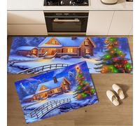 MLSOWM Set di 2 Tappeti da Cucina Capanna Nella Foresta Antifatica, Tappetini da Cucina Vigilia Di Natale Antiscivolo, Tappetini Comodi per Corridoio, Sala da Pranzo Blu Scuro,