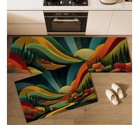 MLSOWM Set di 2 Tappeti da Cucina Colline E Alberi, Tappetini da Cucina Paesaggio Geometrico, Runner Antiscivolo, Tappetino Assorbente per Ingresso e Corridoi, 43x75cm+43x150cm, Blu Scuro
