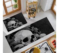 MLSOWM Set di 2 Tappeti da Cucina Illustrazione Del Teschio, Tappetini da Cucina Arte Dell'Orrore, Runner Antiscivolo, Tappetino Assorbente per Ingresso e Corridoi, 50x80cm+50x150cm, Grigio Scuro