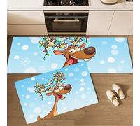 MLSOWM Set di 2 Tappetini Cucina Natale Cartoni Animati, 43x75cm+43x150cm | Zerbini Cucina Renna Con Luci E Fiocchi Neve, Passatoia Antiscivolo, Lavabile, Resistente all'olio per Ingresso e Corridoi