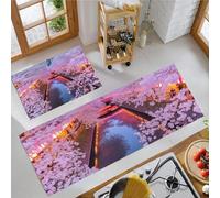 MLSOWM Set di 2 Tappetini da Cucina Antiscivolo Tunnel Di Fiori Di Ciliegio, Tappetini da Cucina Lavabili Paesaggio Fluviale Tappeti Anti-Fatigue per Corridoio, Sala da Pranzo 43x75cm+43x150cm Rosa
