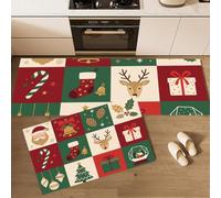 MLSOWM Set di 2 Tappetini da Cucina Patchwork Natalizio, 40x60cm+40x120cm | Tappeti e Zerbini da Cucina Campanelle Calze Natale Scatole Regalo, Passatoia Antiscivolo, Resistente all'olio per Corridoi