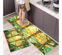 MLSOWM Set di 2 Tappeto da Cucina Alberi Densi Passatoia Cucina Vetrate Artistiche Antiscivolo e Lavabile Tappetino da Terra per Ingresso, Corridoio, Sala da Pranzo, 43x75cm+43x150cm, Verde Smeraldo