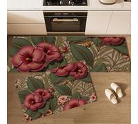 MLSOWM Set di Tappeti da Cucina, 40x60cm+40x120cm 2 Pezzi Tappetino da Cucina Retrò Comfort Antiscivolo Tappetini Foglie Ibisco Tropicale per Accanto a Lavello, Corridoio, Lavanderia, Verde-Brunastro