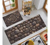 MLSOWM Set di Tappeti da Cucina, 50x80cm+50x150cm 2 Pezzi Tappetino da Cucina Stile Realistico Antiscivolo Tappetini Muro Di Pietra Rustico per Accanto a Lavello, Corridoio, Lavanderia, Marrone