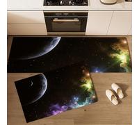 MLSOWM Set di Tappetini da Cucina Terra, Assorbenti d'acqua, Tappeti Cielo Stellato Dell'Universo Antiscivolo Durevoli per Cucina, Lavanderia, Camera da Letto, 40x60cm+40x120cm, Nero