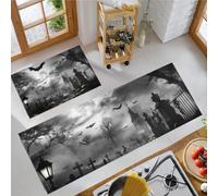 MLSOWM Tappeti da Cucina Cimitero Tetro Antiscivolo Lavabile 43x75cm+43x150cm, Runner Tappeto Lapide Della Nebbia, Assorbente Tappeti da Pavimento per Zona Lavello e Piano Cottura, Nero