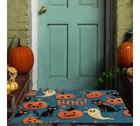 MLSOWM Tappetini Antiscivolo per Ingresso Gatto Nero, Zucca Zerbino Ultra Sottile Graffiti Halloween In Retrò Tappeto Ingresso Casa Lavabile per Porta Casa, Ufficio e Condominio, 60x90 cm, Blu Nebbia