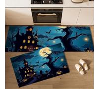 MLSOWM Tappetini da Cucina Casa Stregata Nel Cimitero Set di 2 Tappeto da Cucina Albero Terrore Zucca Antiscivolo Tappetino Passatoia Facili da Pulire per Sala da Pranzo e Ingresso, 50x80cm+50x150cm