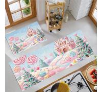 MLSOWM Tappetini da Cucina Città Di Natale Da Fiaba 2 Pezzi | Tappetino Cucina Castello Di Caramelle Antiscivolo, Lavabile Tappeti Passatoia Anti Fatica per Corridoi, Cucine, Rosa 40x60cm+40x120cm
