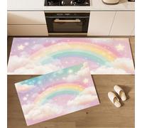 MLSOWM Tappetini da Cucina Ragazza Sognatrice Set di 2 Tappeto da Cucina Nuvole Arcobaleno Antiscivolo Tappetino Passatoia Facili da Pulire per Corridoio, Sala da Pranzo e Ingresso, 43x75cm+43x120cm