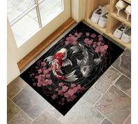 MLSOWM Tappetino Antiscivolo Lavabile Yin Yang Koi Zerbino Trappola Sporco Estetica Giapponese Zerbino d'Ingresso Assorbenti per Cane, Ingresso, Porta e Corridoio, 60x90 cm, Nero