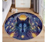 MLSOWM Tappeto a Pelo Corto Totem Misterioso Tappeto Rotonda Lupo Acchiappasogni Morbido e Accogliente per Camera da Letto, Soggiorno, Sala da pranzo, Ufficio, 60cm, Blu-Viola