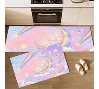 MLSOWM Tappeto Angolare Ragazza Sognatrice Antiscivolo Lavabile Assorbente, Set di 2 Tappetini da Cucina Arcobaleno Lunare Assorbente Tappetino per Cucina, Corridoi, Lavanderia, 50x80cm+50x150cm