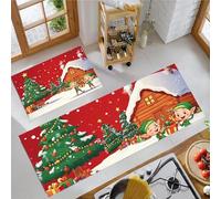 MLSOWM Tappeto Cucina Elfi Natale Alberi Pino Piccole Case Legno Passatoia Cucina Libri Per Bambini - Impermeabile - Antiscivolo - Tappeti Runner per Corridoio e Ingresso Rosso, 43x75cm+43x120cm
