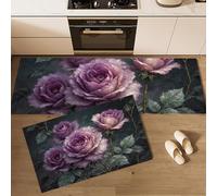 MLSOWM Tappeto da Cucina 50x80cm+50x150cm, Set di 2 Tappeti da Cucina Dipinto Ad Olio Di Viti E Fiori Antiscivolo Lavabile, Tappetino Passatoia Rosa Spinosa Assorbente - Facile da Pulire, Viola