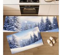 MLSOWM Tappeto da Cucina Albero Natale Invernale Antiscivolo Passatoia da Cucina Foresta Innevata Sulla Cima Montagna Set di 2 Tappetini per Ufficio, Corridoio, Sala da Pranzo e Ingresso, Grigio-Blu,