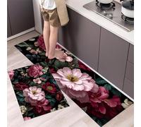 MLSOWM Tappeto da Cucina Antiscivolo Lavabile Floreale Classico Europeo Tappeto Passatoia Cucina Realismo Classico Tappetini Comodi per Lavandino e Fornelli, 50x80cm+50x150cm Blu-Verde