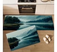 MLSOWM Tappeto da Cucina Antiscivolo Lavabile Foreste E Montagne Tappeto Passatoia Cucina Paesaggio Del Lago Alpino Tappetini Comodi per Lavandino e Fornelli, 40x60cm+40x120cm Blu Nebbioso