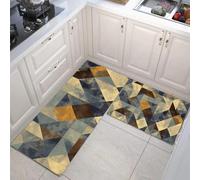 MLSOWM Tappeto da Cucina Effetto Spazzatura, Set di 2 Tappetino da Pavimento Triangoli E Quadrati Moquette Antiscivolo Lavabili per Corridoio, Sala da Pranzo e Ingresso, 43x75cm+43x120cm - Blu-Grigio