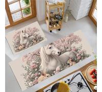 MLSOWM Tappeto da Cucina Floreale, Set di 2 Tappetino da Pavimento Cavallo Bianco E Coniglio Moquette Antiscivolo Lavabili per Corridoio, Sala da Pranzo e Ingresso, 43x75cm+43x120cm - Riso Rosa