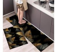 MLSOWM Tappeto da Cucina Foglie Di Palma Dorate, Set di 2 Tappetini da Cucina Illustrazioni Botaniche Antiscivolo, Lavabili, Anti-fatica Tappeti Runner per Corridoio, Portico (Nero, 50x80cm+50x150cm)