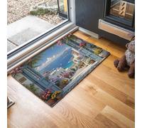MLSOWM Tappeto Interno Edificio Delle Fiori Assorbente Tappetino Entrata Paesaggi Di Isole Greche Tappetino Super Sottile Resistente per Ingresso, Corridoio, Bagno e Animali Domestici, 60x90 cm, Blu