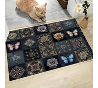 MLSOWM Tappeto Motivo Patchwork A Mosaico, 50x80 cm Zerbino Ingresso Fiori E Farfalle Tappetino Antiscivolo Tappeti di Benvenuto Decorazione della Porta per le Vacanze Interni ed Esterni, Blu-Grigio