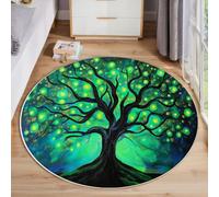 MLSOWM Tappeto Rotondo a Pelo Corto 120cm Tappeto Stile Liberty Lavabile Tappeti Rotondi Albero Luminoso Delle Lucciole Antiscivolo per Camera da Letto Soggiorno Scendiletto Ufficio, Verde Neon