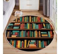 MLSOWM Tappeto Rotondo Argomenti Educativi 60cm Tappeto a Pelo Corto Libri Sullo Scaffale Antiscivolo Lavabile Facile da Pulire per Soggiorno, Camera da Letto, Camera dei Bambini, Marrone