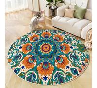MLSOWM Tappeto Rotondo da 160cm Tappeto Antiscivolo Stile Anime Lavabile in Lavatrice Tappeti Scendiletto Fiori Nazionali Indiani Facile da Pulire per Sala da Pranzo, Tavolino, Balcone, Blu