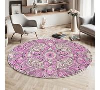 MLSOWM Tappeto Rotondo da 60cm Tappeto Antiscivolo Stile Bohémien Lavabile in Lavatrice Tappeti Scendiletto Zentangle Di Fiori Facile da Pulire per Sala da Pranzo, Tavolino, Balcone, Rosa