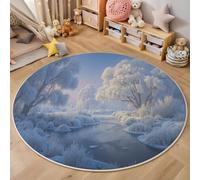 MLSOWM Tappeto Rotondo Paese Delle Meraviglie Invernale 160cm Tappeto Pelo Corto Fiume Di Ghiaccio E Neve Tappeti in Flanella Morbido Antiscivolo per Camera Bambini Balcone Tavolino, Blu