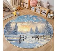 MLSOWM Tappeto Rotondo Paese Delle Meraviglie Invernale 160cm Tappeto Pelo Corto Renna Della Foresta Tappeti in Flanella Morbido Antiscivolo per Camera Bambini Balcone Tavolino, Azzurro Chiaro