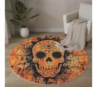 MLSOWM Tappeto rotondo Pelo Cort Mandala Ragnatela Tappeti per Grandi Dimensioni Teschio Di Zucchero Tappeti Antiscivolo Tappeto per Camera letto, corridoio, sala pranzo, soggiorno, 100 cm, Arancia