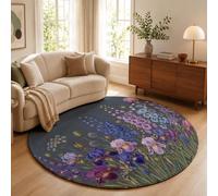 MLSOWM Tappeto Rotondo Pelo Corto Iris Cardo Blu Fiore Selvatico 100cm Morbida Tappetino a Cerchio Erboristeria Classica Europea Tappeti di Zona Antiscivolo Lavabile per Il Letto, Divano, Grigio-Blu