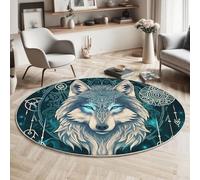 MLSOWM Tappeto Rotondo Rune Antiche 80cm Tappeti a Pelo Corto Tappeto Lupo Misterioso Antiscivolo Lavabile per Camera da Letto, Soggiorno, Tavolino da Caffè Decor, Blu-Verde